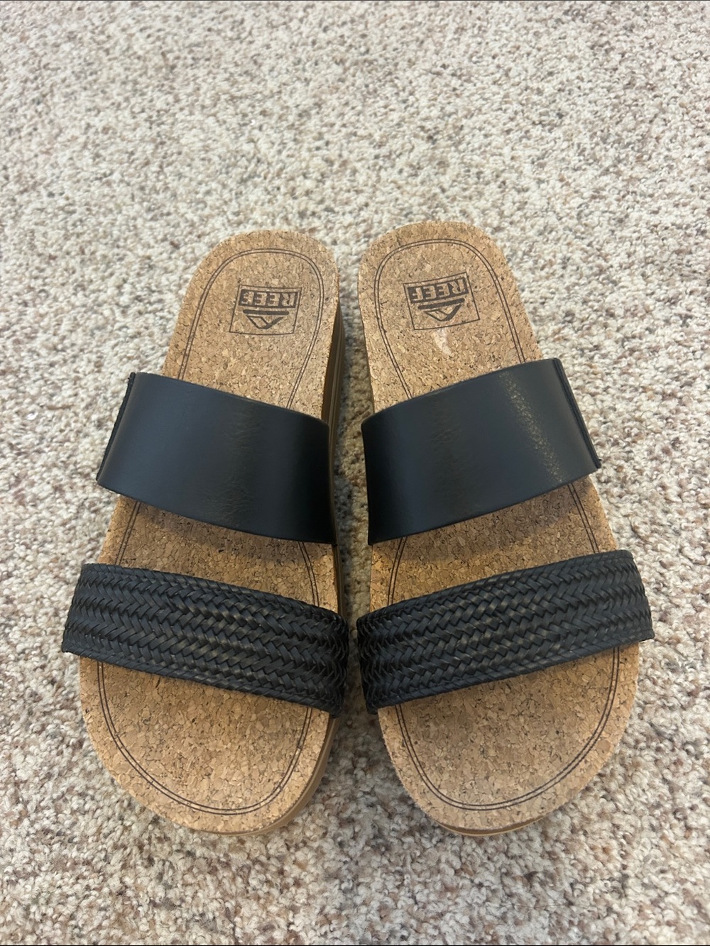 Reef Black Double-Strap Cork Slide Sandals